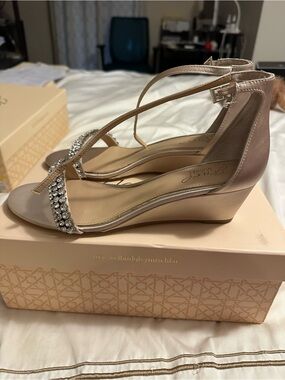 Badgley Mischka Lora Nude Satin Wedge Sandals with Rhinestone Toe Strap